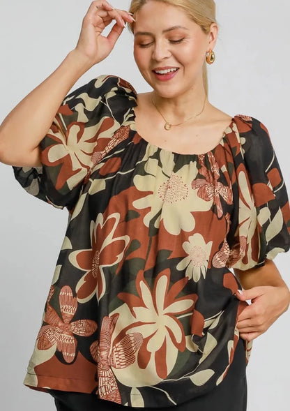 Umgee Full Size Print Round Neck Puff Sleeve Top Plus Size | | 2
