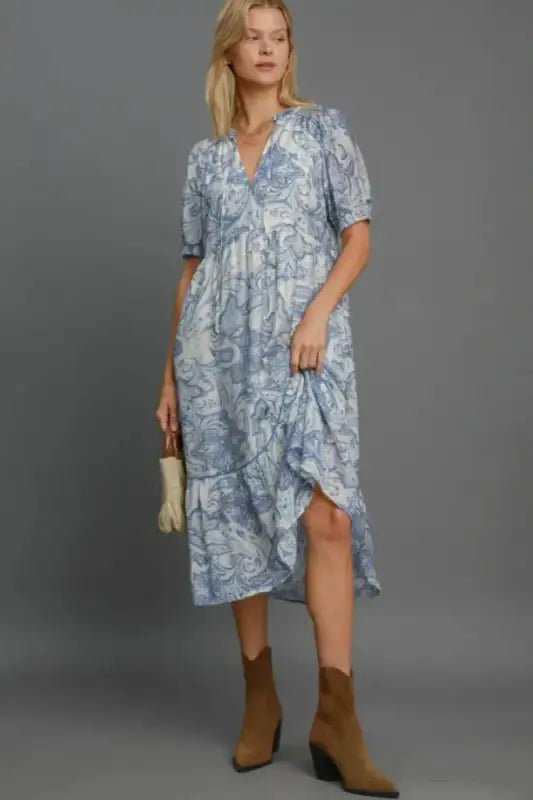 Umgee Full Size Printed Puff Short Sleeve Midi Dress Plus Size - BLUE MIX / S