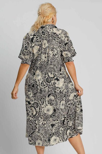 Umgee Full Size Printed Smocked Cuff Puff Sleeve Midi Dress Plus Size | Dresses | 4