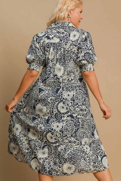 Umgee Full Size Printed Smocked Cuff Puff Sleeve Midi Dress Plus Size | Dresses | 4