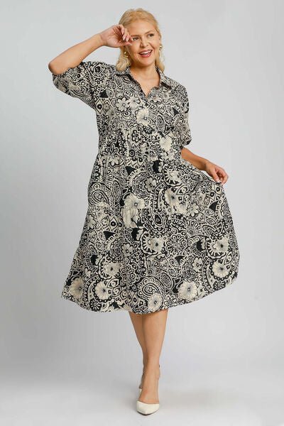 Umgee Full Size Printed Smocked Cuff Puff Sleeve Midi Dress Plus Size | Dresses | 3