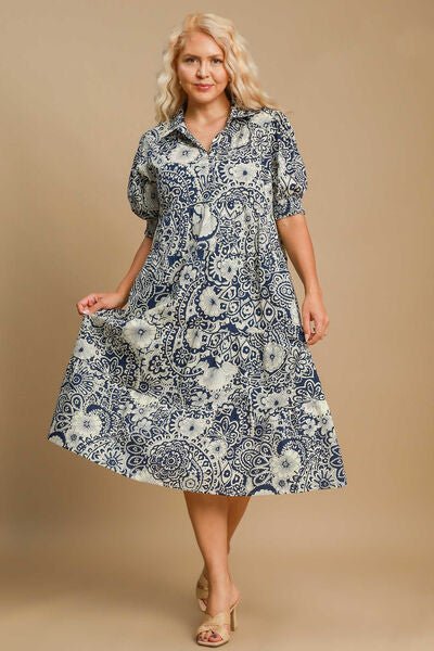 Umgee Full Size Printed Smocked Cuff Puff Sleeve Midi Dress Plus Size | Dresses | 3