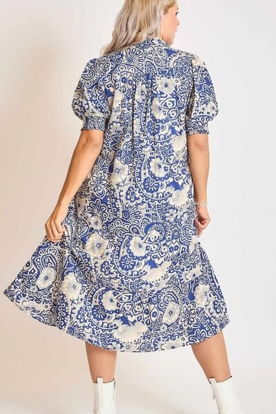 Umgee Full Size Printed Smocked Cuff Puff Sleeve Midi Dress Plus Size | Dresses | 4