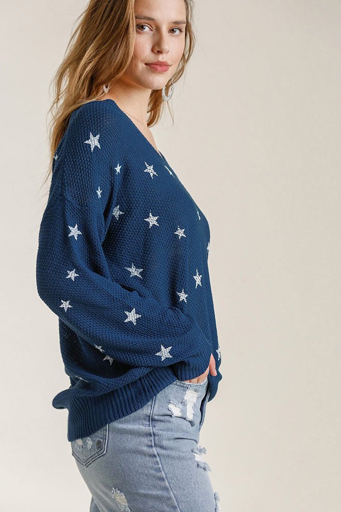 Umgee Full Size Star V - Neck Long Sleeve Sweater Plus Size | Sweaters | 4