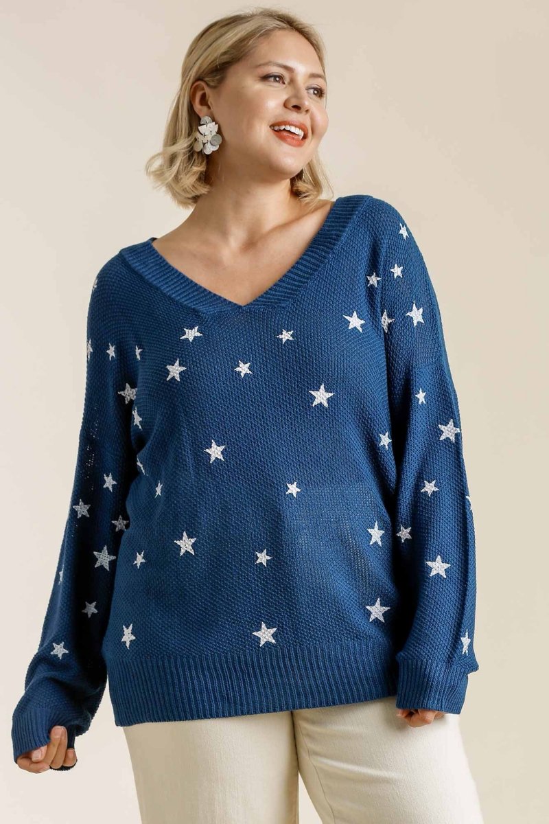 Umgee Full Size Star V - Neck Long Sleeve Sweater Plus Size | Sweaters | 5