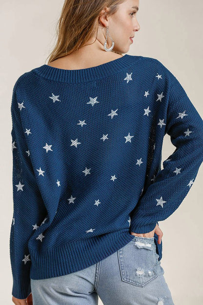 Umgee Full Size Star V - Neck Long Sleeve Sweater Plus Size | Sweaters | 3