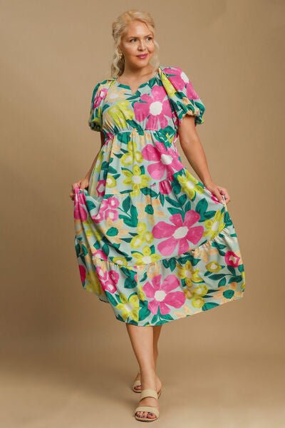 Umgee Full Size Tiered Floral Print Notched Puff Sleeve Midi Dress Plus Size | Dresses | 4