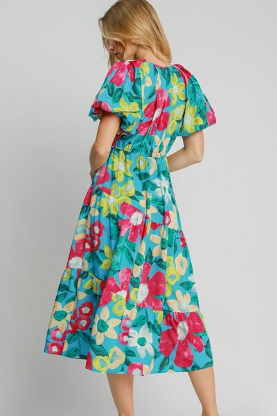 Umgee Full Size Tiered Floral Print Notched Puff Sleeve Midi Dress Plus Size | Dresses | 2