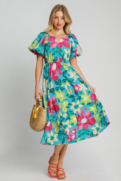 Umgee Full Size Tiered Floral Print Notched Puff Sleeve Midi Dress Plus Size | Dresses | 1