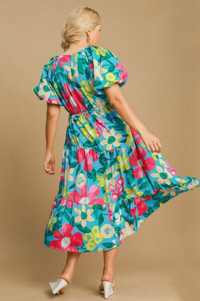 Umgee Full Size Tiered Floral Print Notched Puff Sleeve Midi Dress Plus Size | Dresses | 5