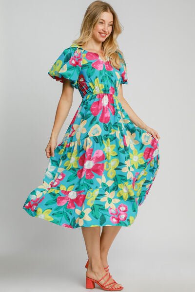 Umgee Full Size Tiered Floral Print Notched Puff Sleeve Midi Dress Plus Size | Dresses | 3