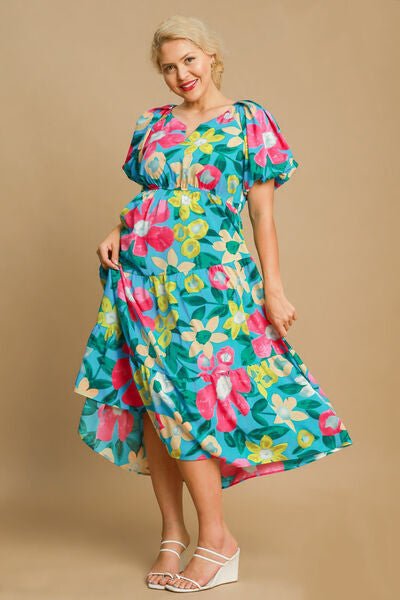 Umgee Full Size Tiered Floral Print Notched Puff Sleeve Midi Dress Plus Size | Dresses | 4