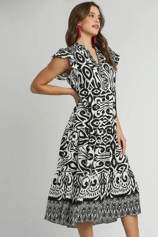 Umgee Full Size Two Tone Border Print Ruffle Cap Sleeve Midi Dress Plus Size - Dresses