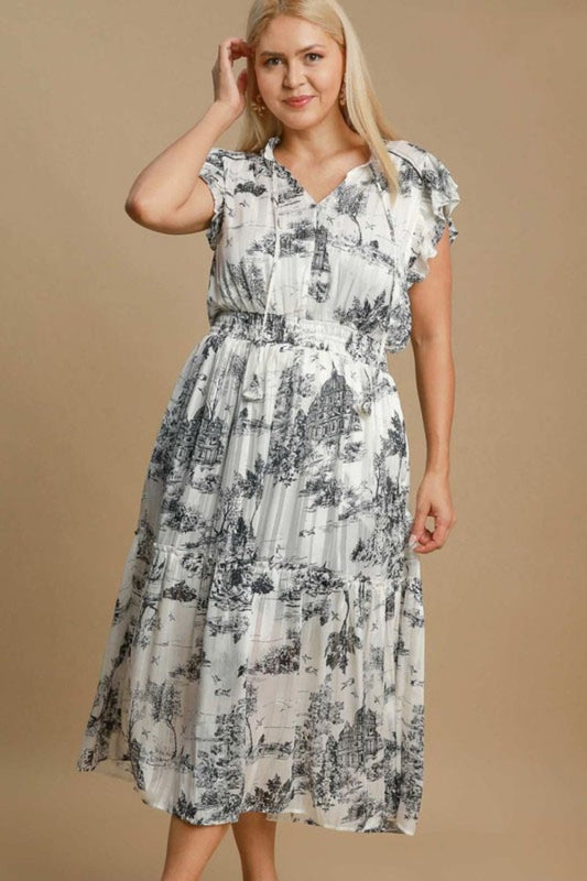 Umgee Full Size Two Tone Landscape Print Midi Dress Plus Size | Dresses | 2