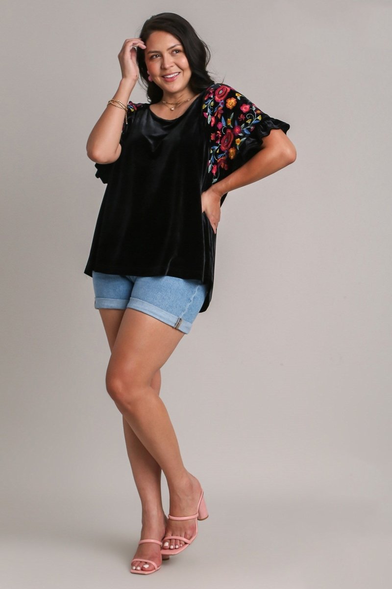 Umgee Full Size Velvet Embroidery Short Sleeve Blouse | Tops | 6