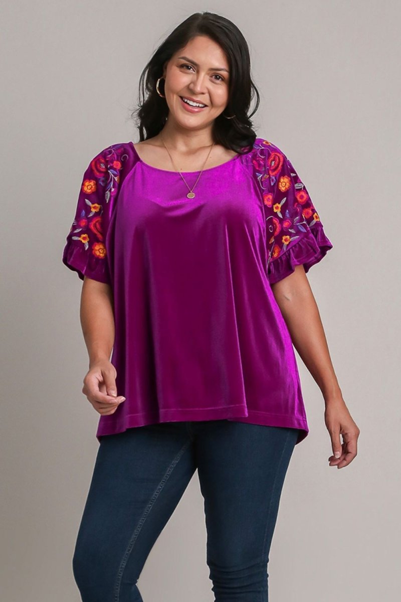 Umgee Full Size Velvet Embroidery Short Sleeve Blouse | Tops | 8