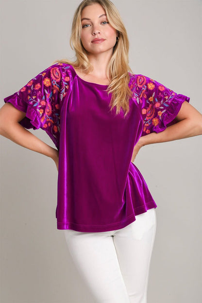 Umgee Full Size Velvet Embroidery Short Sleeve Blouse | Tops | 1