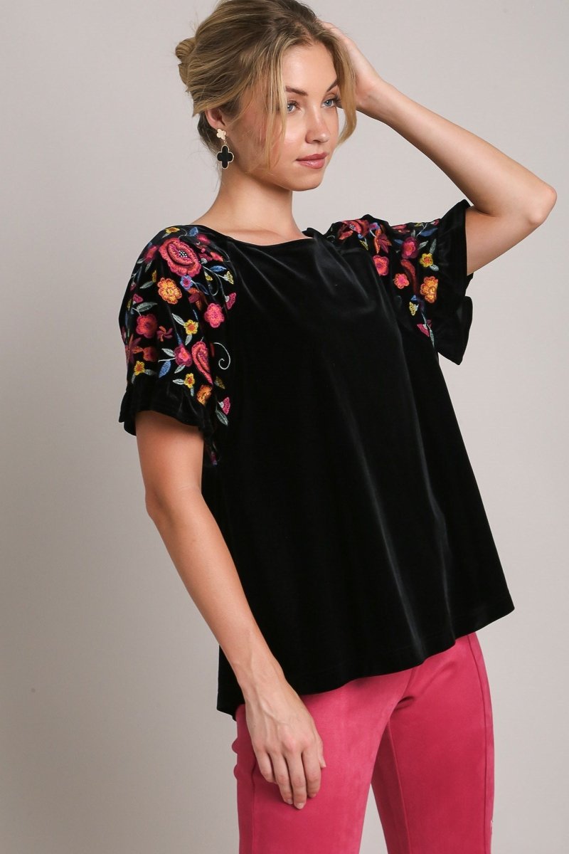 Umgee Full Size Velvet Embroidery Short Sleeve Blouse | Tops | 1