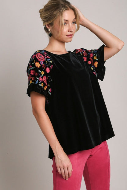 Umgee Full Size Velvet Embroidery Short Sleeve Blouse | Tops | 1