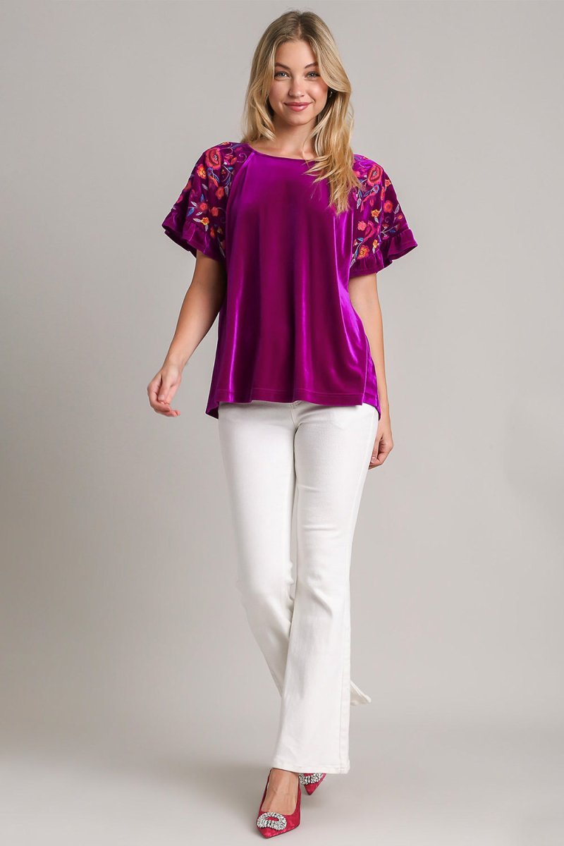 Umgee Full Size Velvet Embroidery Short Sleeve Blouse | Tops | 4