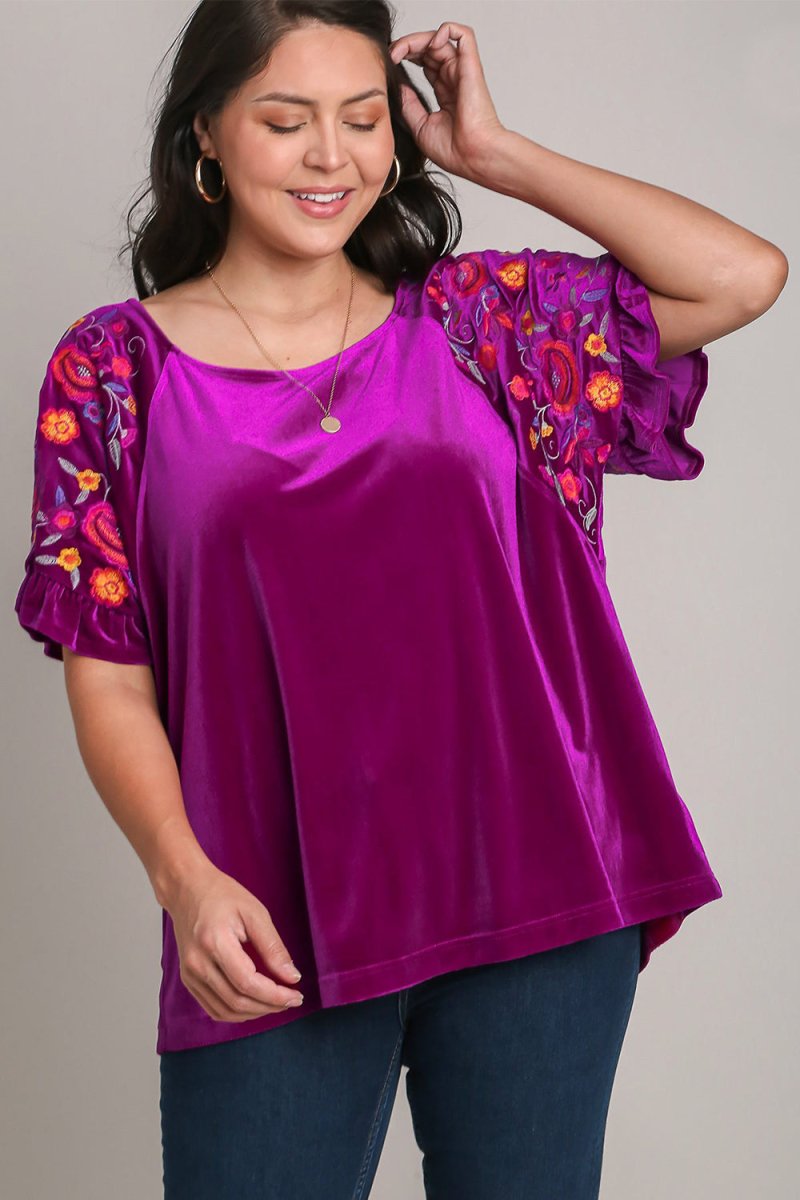 Umgee Full Size Velvet Embroidery Short Sleeve Blouse | Tops | 5