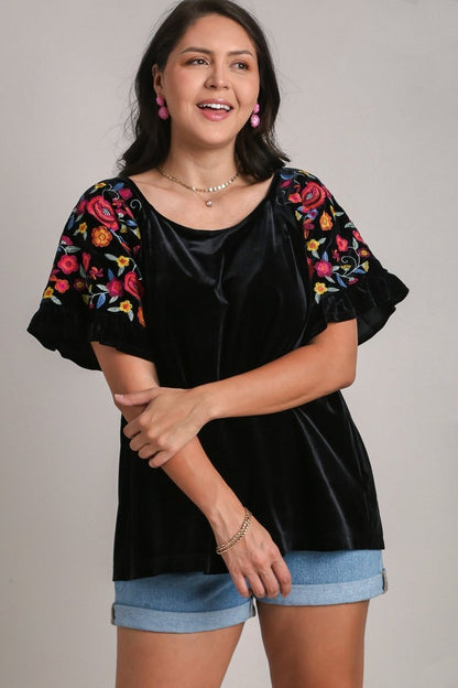 Umgee Full Size Velvet Embroidery Short Sleeve Blouse | Tops | 4