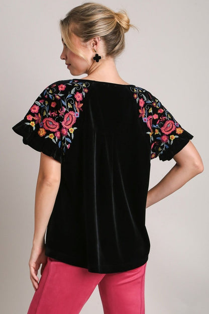 Umgee Full Size Velvet Embroidery Short Sleeve Blouse | Tops | 2