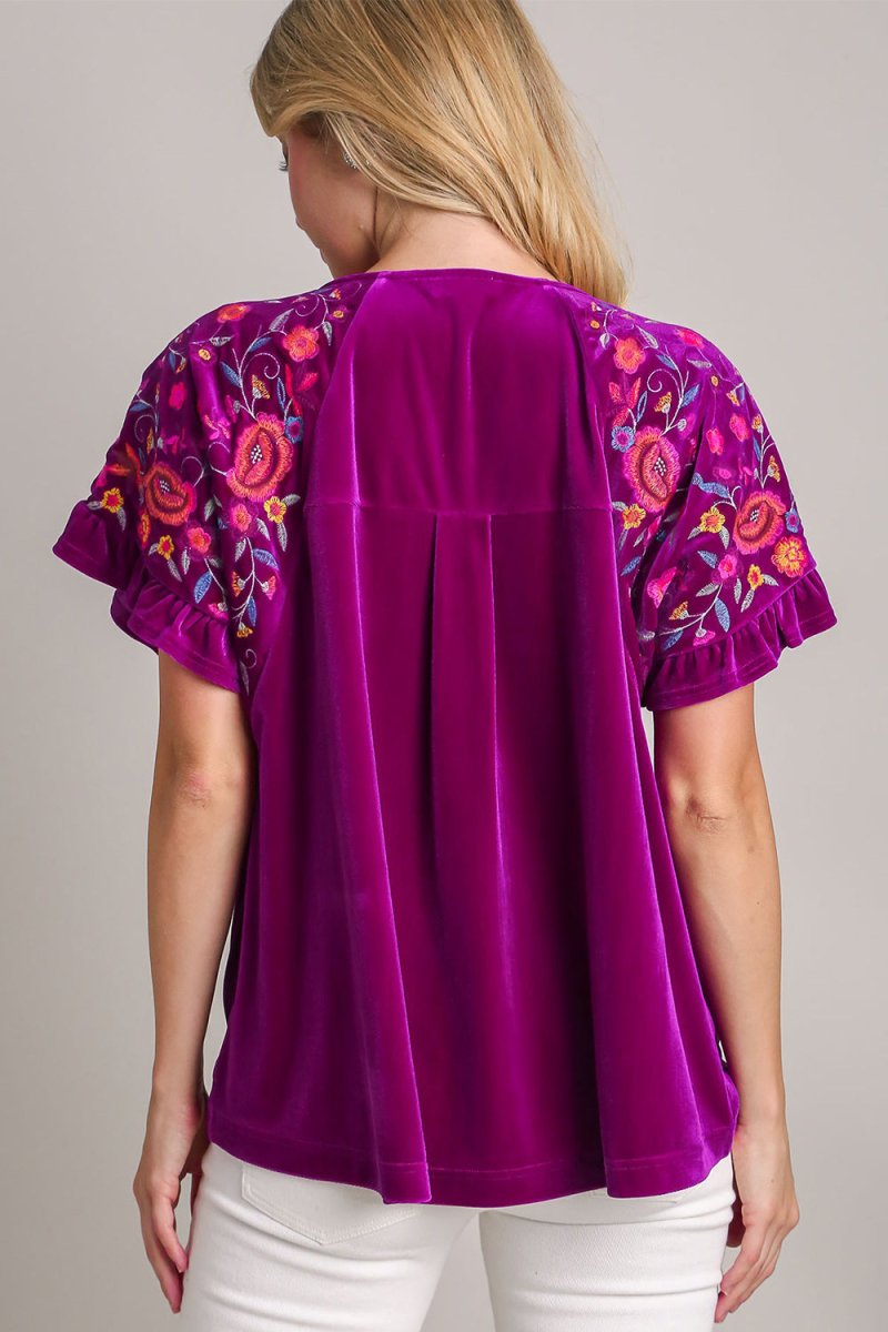 Umgee Full Size Velvet Embroidery Short Sleeve Blouse | Tops | 2