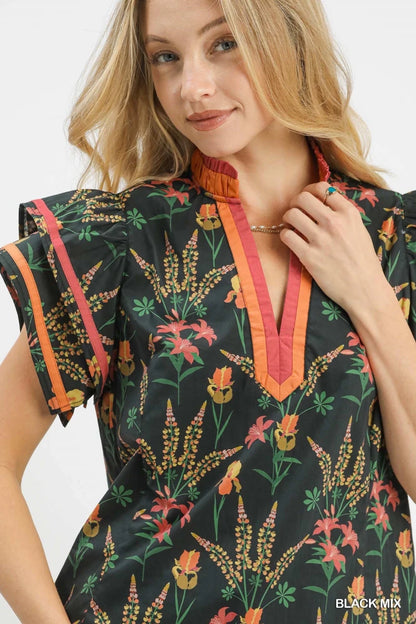 Umgee Mix Floral Print Blouse with Contrast Trim | Tops | 4