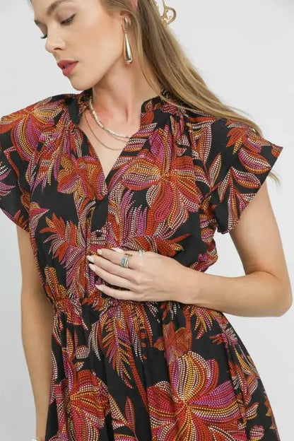 Umgee Mix Ruffle Sleeve Tropical Midi Dress - Dresses