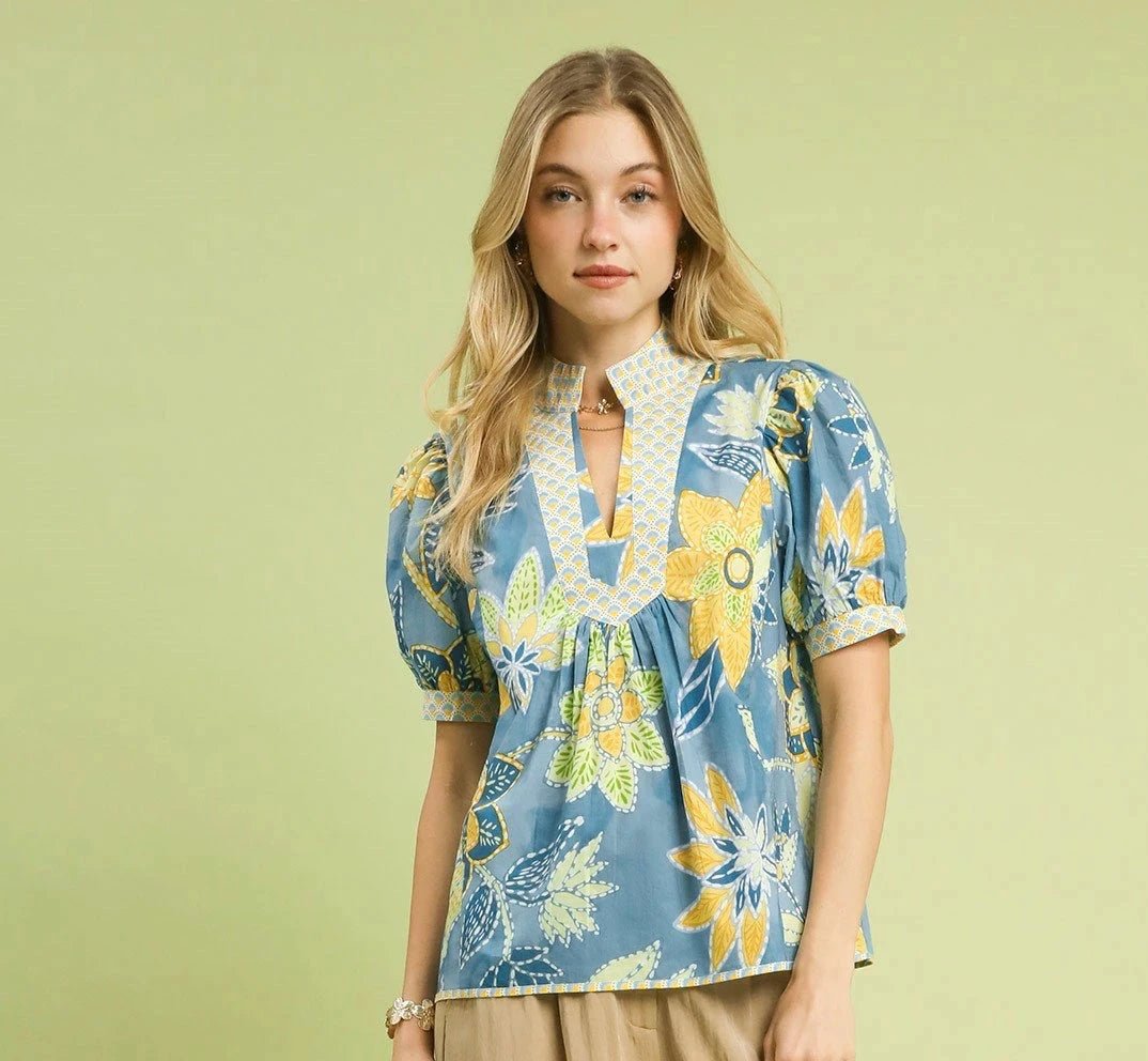 Umgee Mixed Abstract Print Puff Sleeve Blouse | Tops | 4