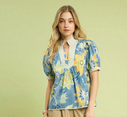 Umgee Mixed Abstract Print Puff Sleeve Blouse | Tops | 4