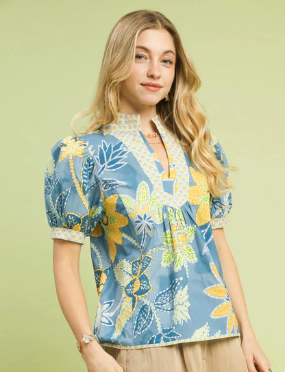 Umgee Mixed Abstract Print Puff Sleeve Blouse | Tops | 1