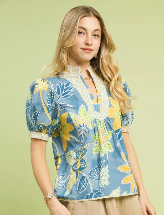 Umgee Mixed Abstract Print Puff Sleeve Blouse | Tops | 1