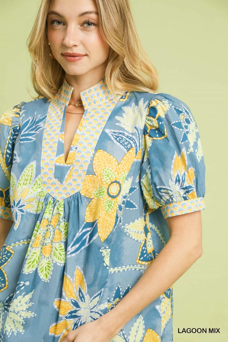 Umgee Mixed Abstract Print Puff Sleeve Blouse | Tops | 5