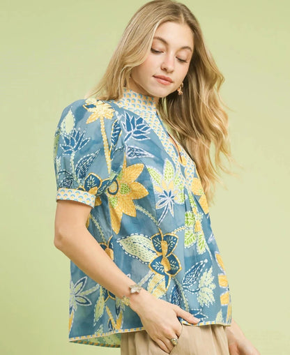 Umgee Mixed Abstract Print Puff Sleeve Blouse | Tops | 3