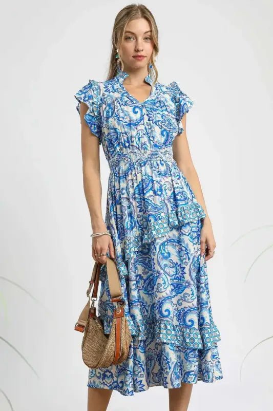 Umgee Paisley Print Ruffle Sleeve Midi Dress - Royal Blue / S - Dresses