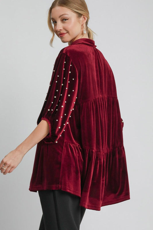 Umgee Pearl Detail Collared Neck Velvet Babydoll Blouse | Tops | 2