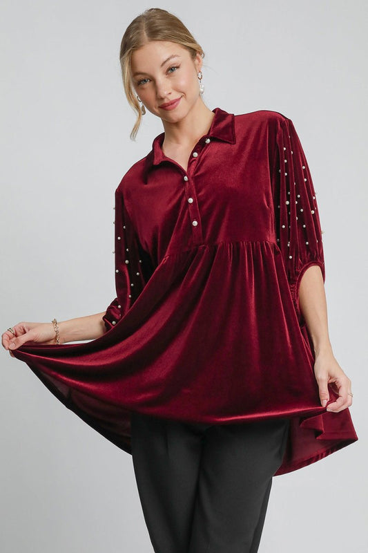 Umgee Pearl Detail Collared Neck Velvet Babydoll Blouse | Tops | 1