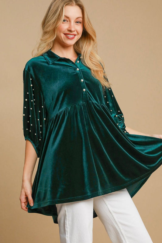 Umgee Pearl Detail Half Sleeve Velvet Babydoll Blouse | Tops | 1