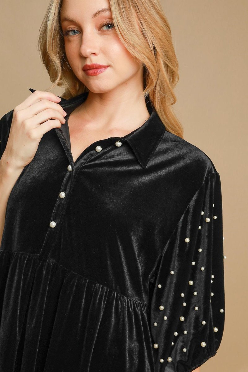 Umgee Pearl Detail Half Sleeve Velvet Babydoll Blouse | Tops | 5