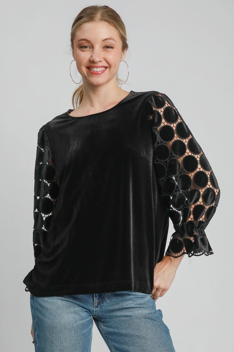 Umgee Polka Dot Lace Long Sleeve Round Neck Blouse | Tops | 1