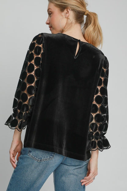 Umgee Polka Dot Lace Long Sleeve Round Neck Blouse | Tops | 2