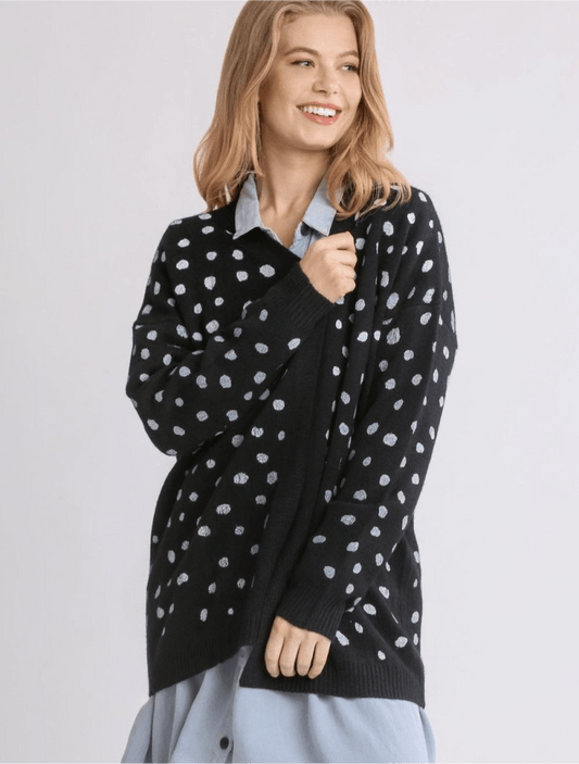 Umgee Polka Dot Open Front Drop Shoulder Cardigan | Sweaters | 1