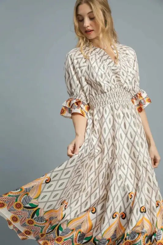 Umgee Printed Smocked Waist Flounce Sleeve Midi Dress - Dresses