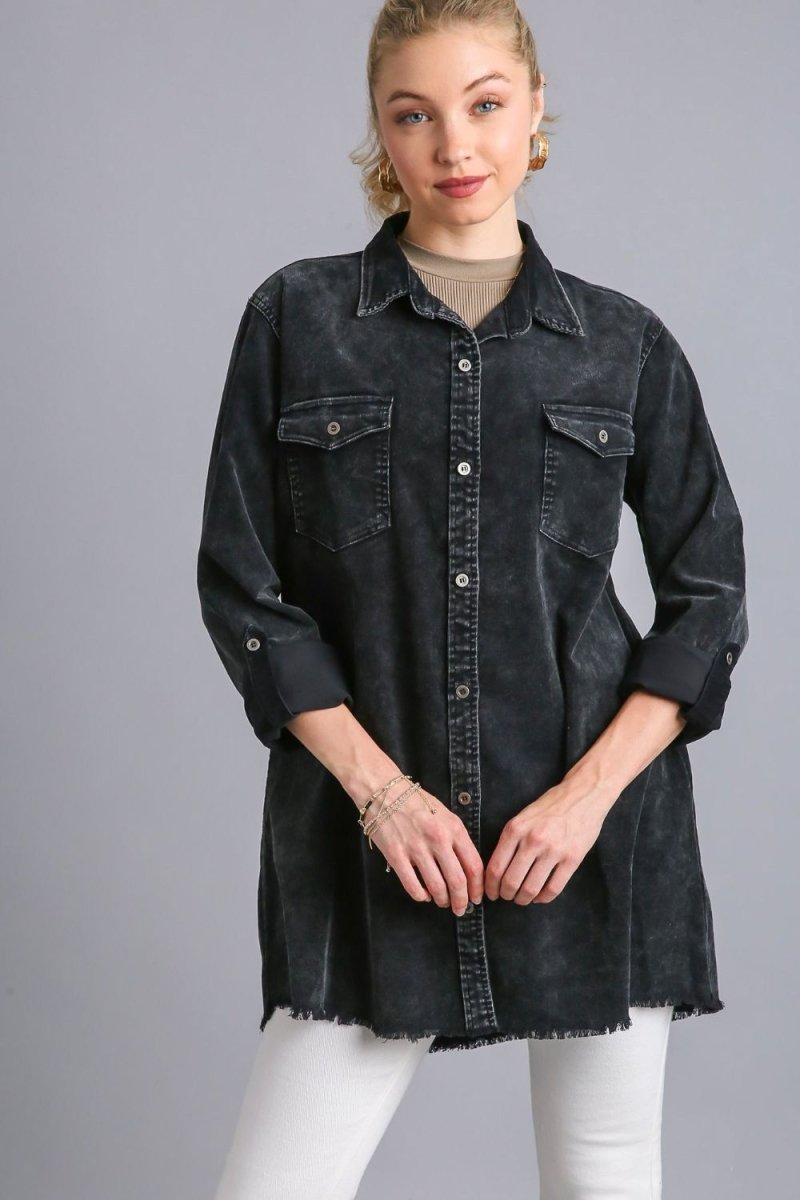 Umgee Raw Hem Button Down Denim Jacket with Chest Pockets | Tops | 1