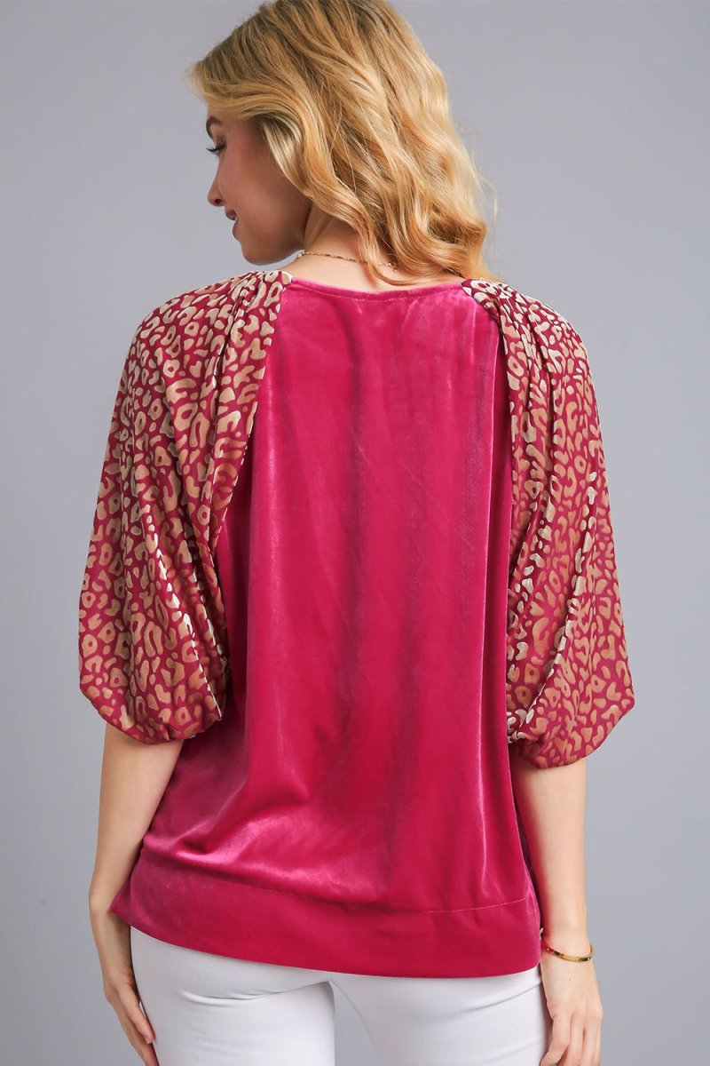 Umgee Round Neck Leopard Balloon Sleeve Velvet Top | Tops | 2