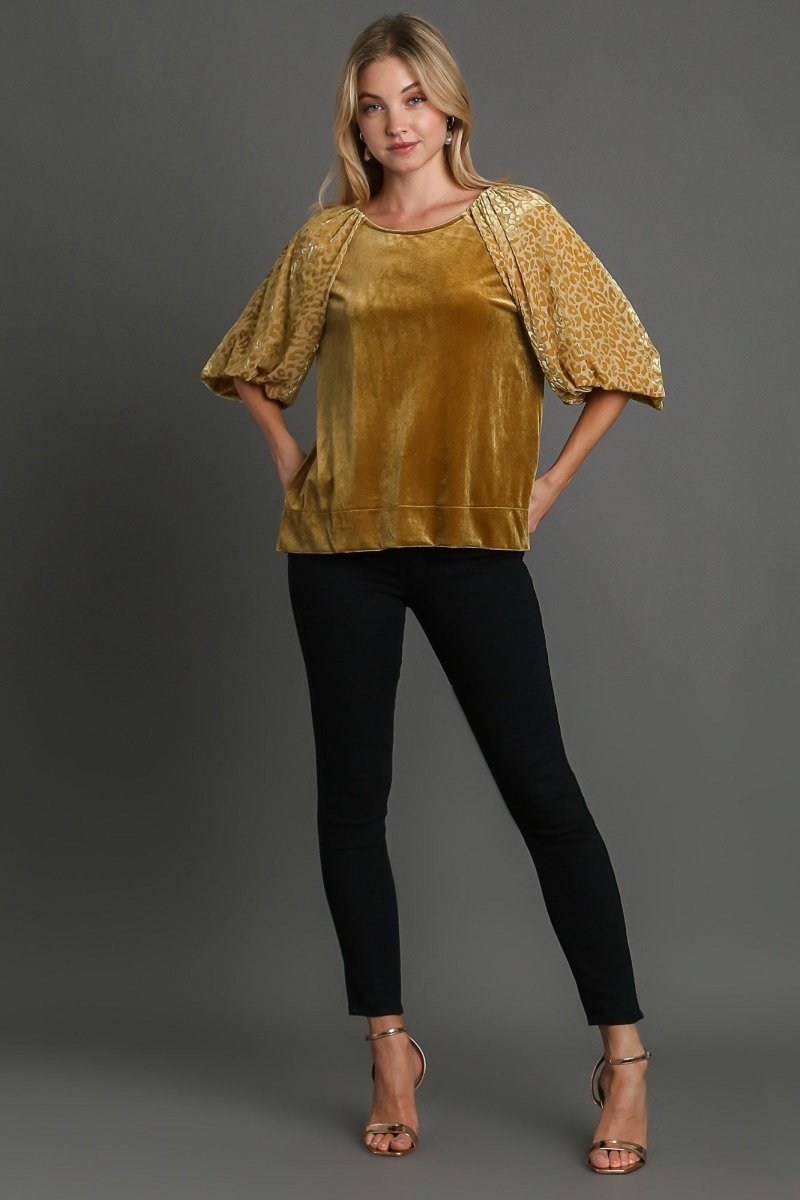 Umgee Round Neck Leopard Balloon Sleeve Velvet Top | Tops | 3