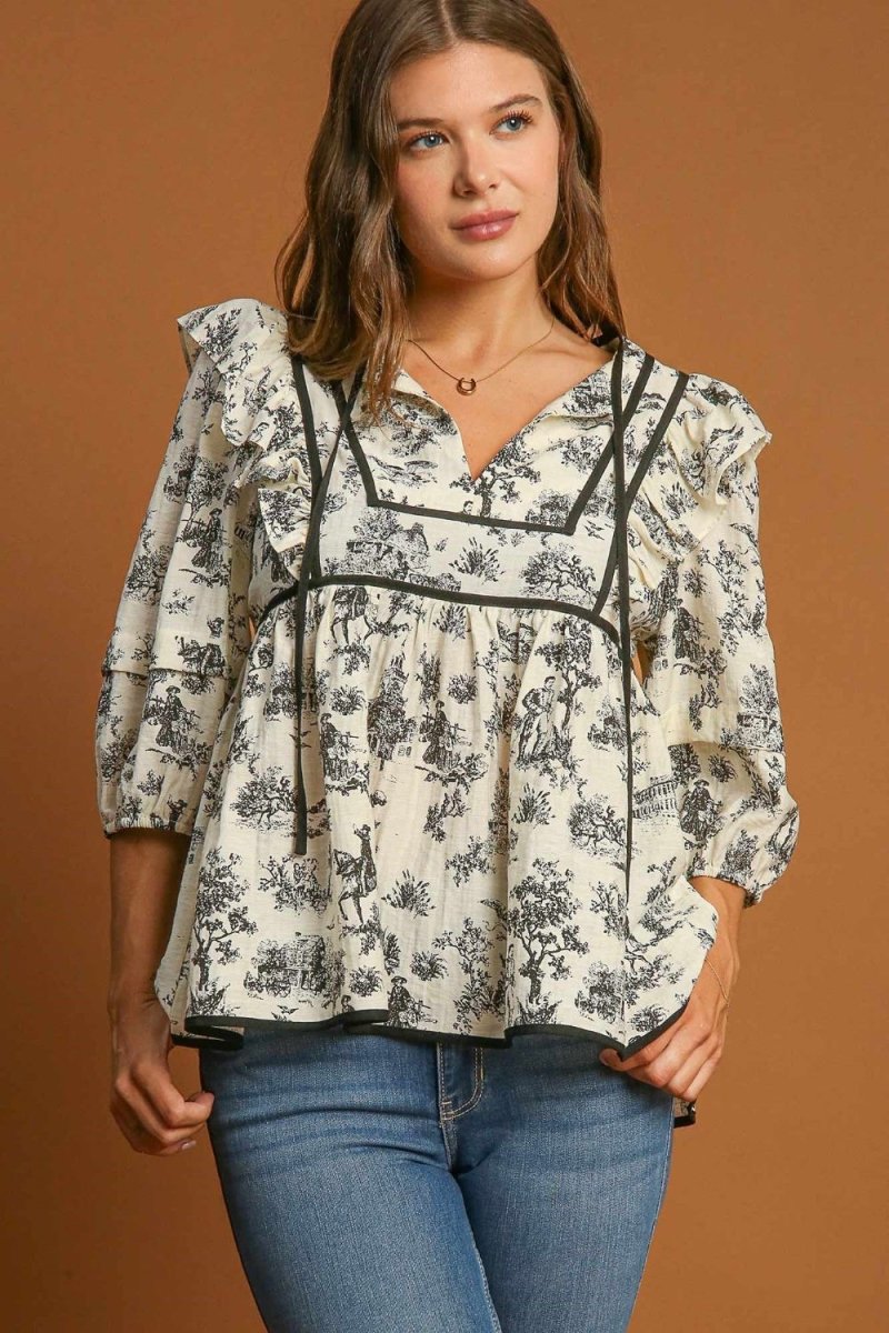 Umgee Ruffled Tie Neck Puff Sleeve Babydoll Blouse | Tops | 1