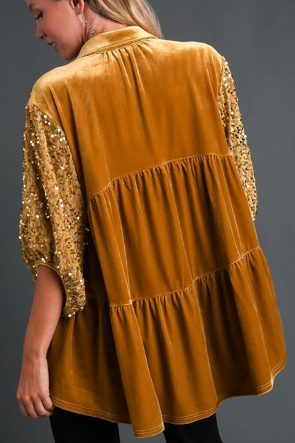 Umgee Sequin Detail Tiered Back Half Sleeve Shirt | Tops | 2